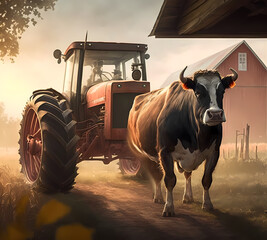 Rural scene featuring a tractor being towed by a cow. Animal farming and agriculture.