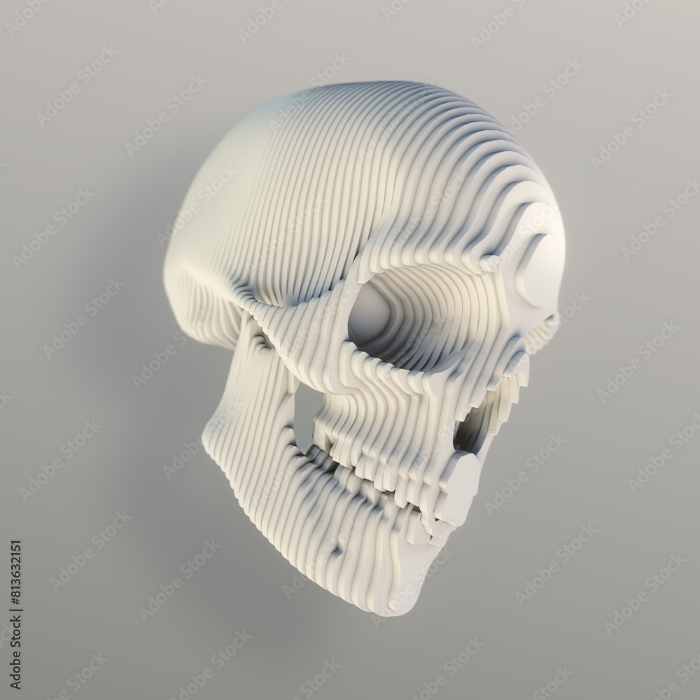 Aufkleber 3d rendering illustration of a skull made of layers of white material on a light gray background