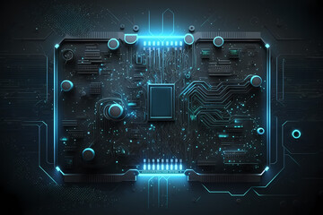 Fototapeta premium Computer motherboard with glowing blue light electronic circuit.