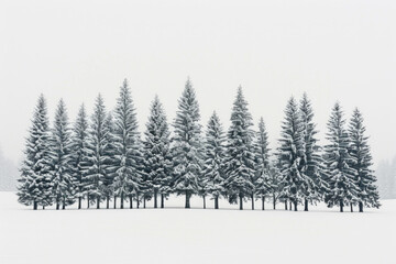 Fototapeta premium Capture the quiet beauty of a snow-covered evergreen forest, with tall trees standing tall against a backdrop of pristine white snow. The minimalist composition, with just the trees and snow.