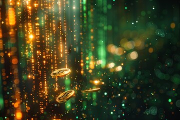 Obraz premium A green background with a row of gold coins