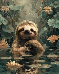 Fototapeta premium A minimalist watercolor depiction of a sloth slowly approaching a hot spring, exuding curiosity and relaxation against a lush green forest backdrop.
