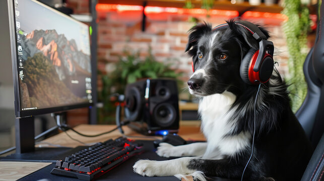 A cute funny working at a laptop. At the table sits a dog as a programmer or businessman. dog with headphones sitting in front of the computer