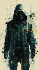 Cyberpunk themed minimalist print style collage poster, Abstract grunge backdrop, Retro futuristic graphic design in a style of 80s.