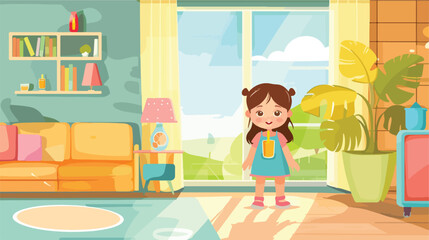 Cute little girl with orange juice in room Vector style