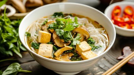 Savor the Richness of Vegan Delights: Tempting Bowl of  Mushroom and Tofu Vermicelli Soup with Fresh