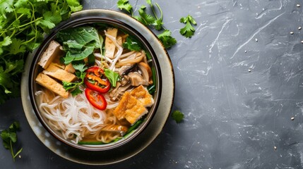 Savory Vegan Delight: Tempting Bowl of Vermicelli Soup with Mushroom, Tofu, and Fresh Herb Leaf Topp