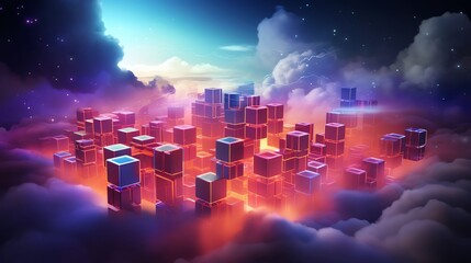 Serverless Computing visualized as floating code blocks in the sky side view representing scalability and cloud integration  futuristic tone Analogous Color Scheme