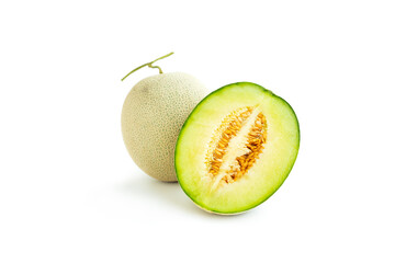 Cantaloupe melon cut in half isolated on white background, Green melon