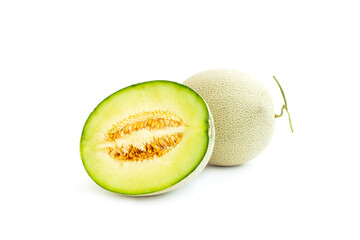Cantaloupe melon cut in half isolated on white background, Green melon