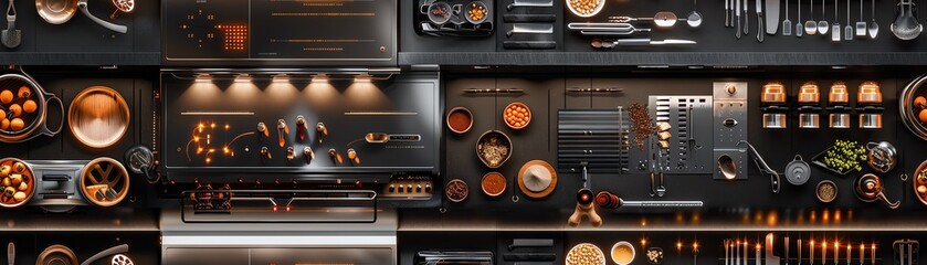 Capture a spectacular aerial view of a futuristic kitchen where advanced culinary tools hover mid-air, sparkling with chrome finishes