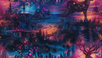 Capture an intricate watercolor scene of a robotic deer elegantly crossing a river flowing through a dreamlike cityscape filled with swirling patterns and enchanting neon hues