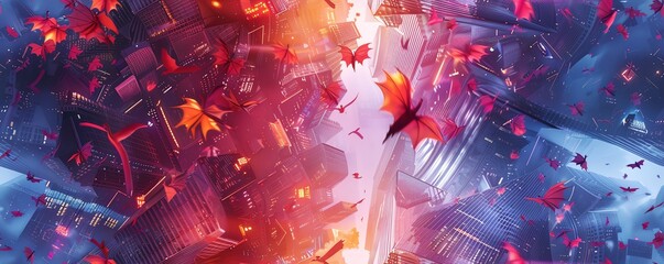 Capture mesmerizing, flying dragons amidst skyscrapers blending digital art techniques with vibrant, geometric shapes and sharp lines in a cubist style