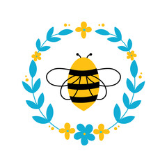 Bee in flowers frame vector illustration. Flat hand drawn clip art isolated on white background. Bright colors, childish design.