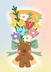 cute teddy with colorful flower on gradient rainbow background congratulations card, illustration card.