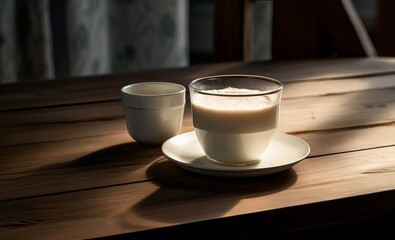 Fototapeta premium Warm sunlight bathes a tranquil coffee setup on a wooden table, creating a cozy ambiance