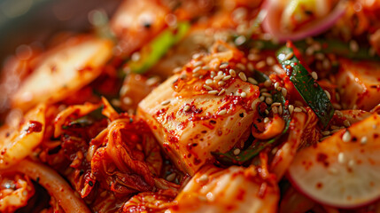 Tangy and Colorful: Close-Up Shot of Homemade Korean Kimchi Highlighting Ingredients