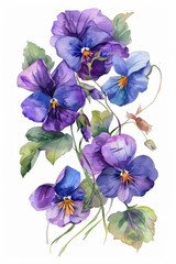 Beautiful watercolor painting on paper of a bouquet of purple pansy flowers on white background