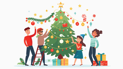 Cute smiling people decorating Christmas tree with background