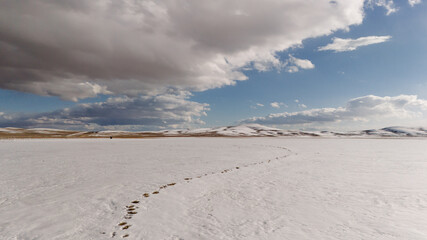 Picturesque snowy landscape on the background of a cloudy sky. Drone photo