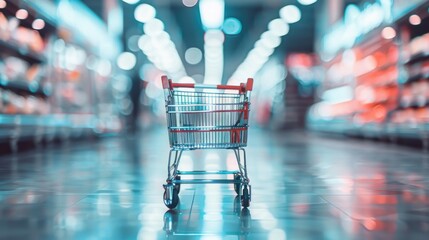 Empty shopping cart on supermarket blurred background. Generated AI image