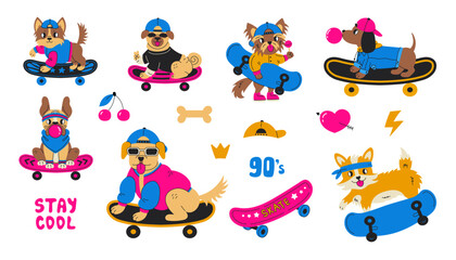 Dog Skateboard cartoon vector set. Funny cool small breed puppies skateboarders wearing 90s fashion clothes and accessories. Y2k pet collection of illustrations