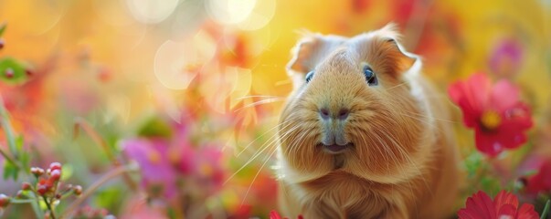Cute guinea pig standing in colorful flowers, smiling at the camera, with a bokeh background banner and copy space for text.