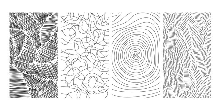 Hand drawn black and white texture backgrounds set. Rough grunge line textured phone wallpapers, sketch scribble templates collection for for social media. Vector illustration, 1920 x 1080 ratio