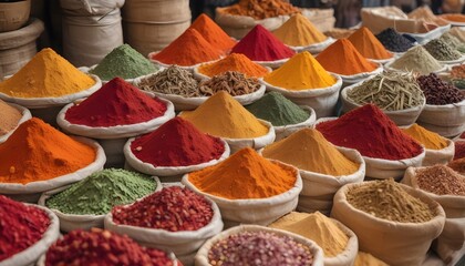Various bowls filled with spices are lined up in an orderly manner on a display in a bustling market