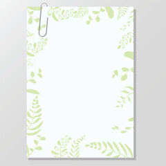 Paper sheet with herbs and metal clip on gray background. Notebook page, document. Design template or mockup. Vector illustration