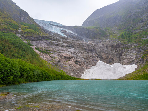 The Boyabreen is a branch of the Jostedalsbreen Glacier, close to Fjaerland in the municipality of Sogndal in the province of Vestland. It is a cloudy day.