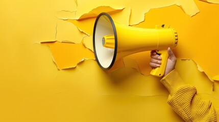 Closeup a woman hand arm hold megaphone isolated yellow wall background. Generated AI image