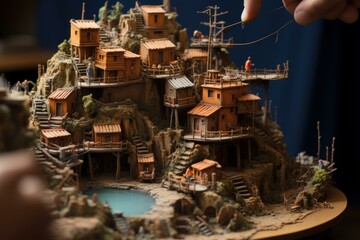 Fototapeta premium Artisan handcrafts intricate wooden village on mountain landscape model
