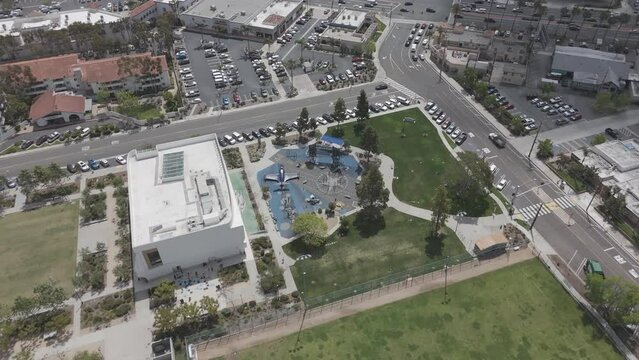 Drone shot of Norma Hertzog Community Center and Lions Park Playground in California