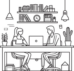 vector illustrations with flat cartoon characters working in office, co-working space or remotely at home, freelance, self-employment. People work at computers and laptops in modern interior.