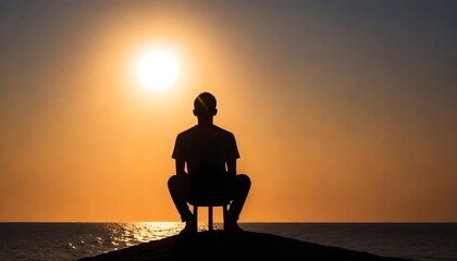 Obraz premium A man is seated on top of a rock with the sun radiating behind him