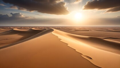 Fototapeta na wymiar The sun sets over a vast desert, casting a warm glow over the rippling sand dune in the foreground