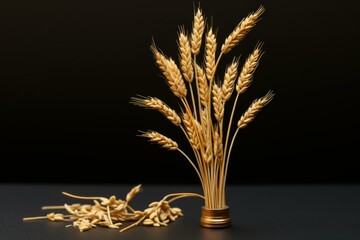 Naklejka premium Elegant wheat sheaf tied with a ribbon, isolated on a stark black backdrop