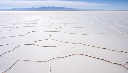 View from above of the expansive salt flats in Bolivia, showcasing the vast expanse of white salt against the backdrop of distant mountains