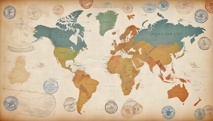A vintage world map covered in various stamps adding a historical touch to the design