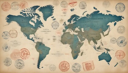 A vintage world map covered in various stamps from different countries, showcasing a historical and geographical display