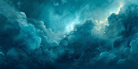 Abstract teal watercolor background with dark blue stormy sky texture.