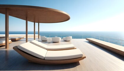 Fototapeta premium A lounge chair placed on a wooden deck, offering a view of the vast ocean below