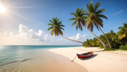 A boat is parked on a sandy beach surrounded by lush palm trees under a clear sky