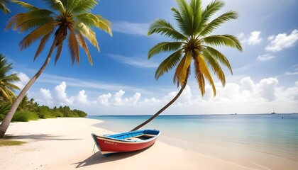 A boat is parked on a sandy beach surrounded by tall palm trees under a clear sky