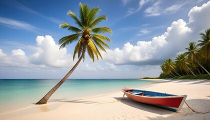 A boat rests on a sandy beach next to a tall palm tree under a clear sky