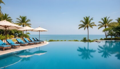 A swimming pool lined with lounge chairs overlooking the vast ocean, with clear blue skies and gentle waves in the background