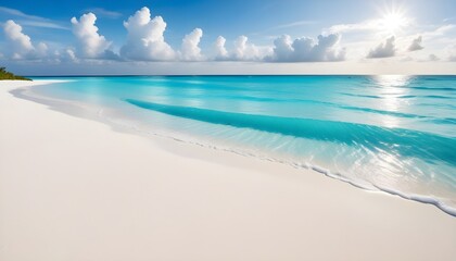 Obraz premium A white sand beach under a bright blue sky with fluffy clouds, surrounded by clear blue water