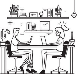 vector illustrations with flat cartoon characters working in office, co-working space or remotely at home, freelance, self-employment. People work at computers and laptops in modern interior.