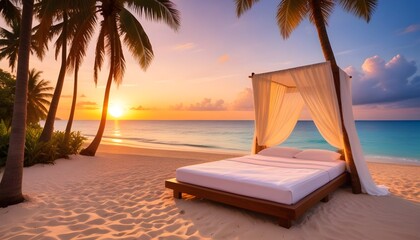 A sturdy bed is placed on a sandy beach with tall palm trees in the background under a clear sky